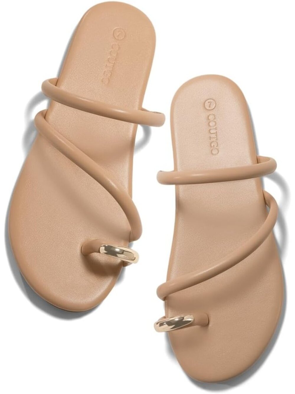 Women's Tan Strap Flat Sandals Square Open Toe Flip Flops Ring Dress Shoes